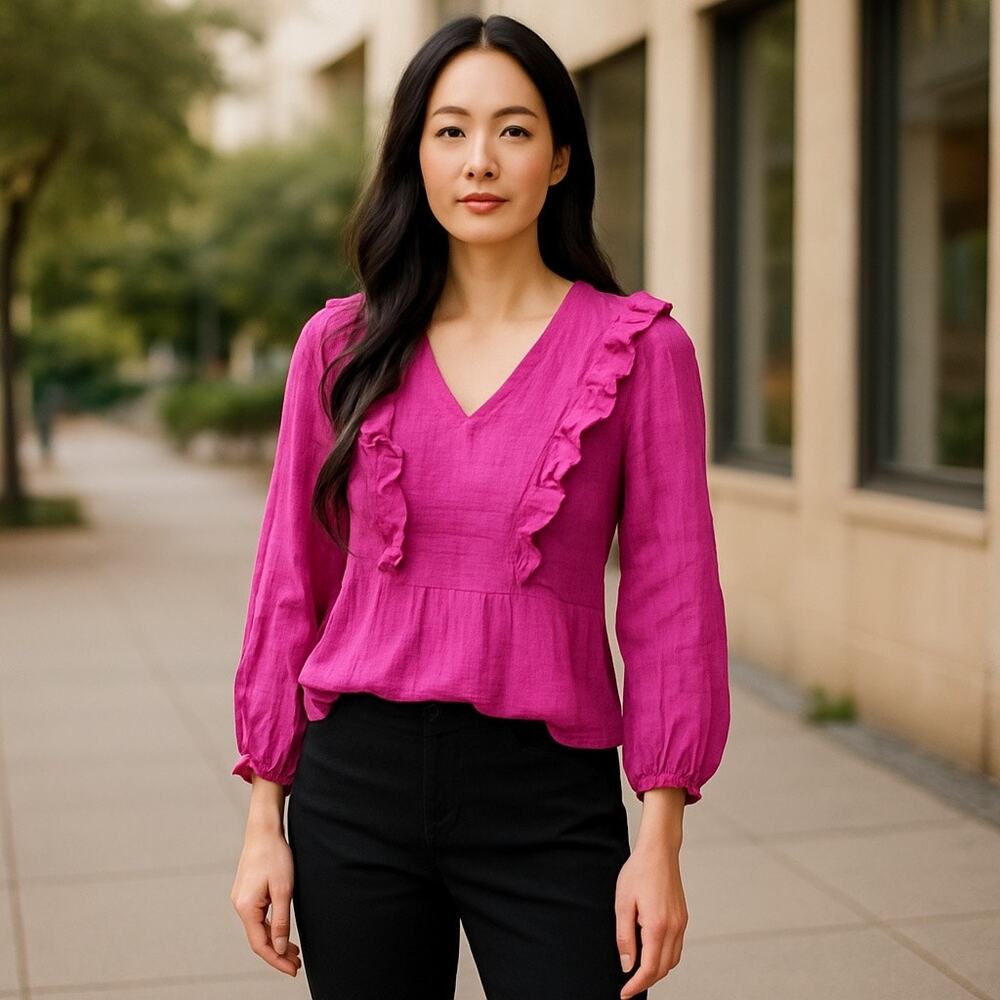 Vero Moda New Textured V Neck Ruffle Frill Top Hot Pink S Boho Romantic Peasant